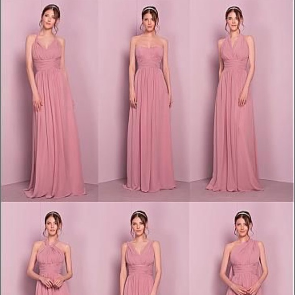 Blush pink changing neckline bridesmaid dress